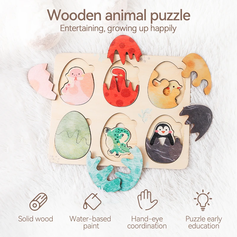 Baby Toys Montessori Wooden Puzzles Kids Cartoon Egg Shape Toys Hand Grab Board Animals Cognition Learning Educational Toys Gift