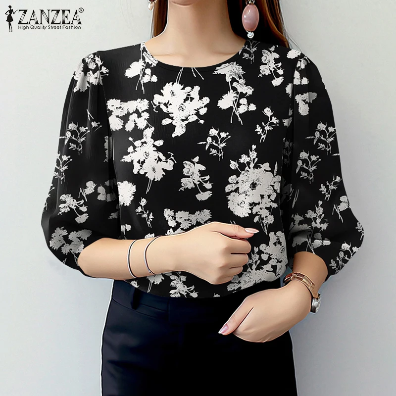 Stylish Summer Printed Blouse ZANZEA Women Bohemain 3/4 Sleeve Holiday Shirt Casual O Neck Work Blusas Retro Tunic Tops Femme