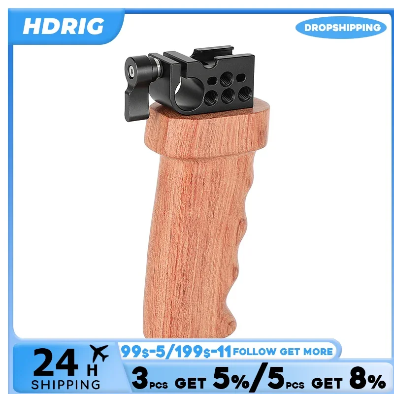 HDRIG Wooden Handgrip with 15mm Rod Adapter & Shoe Mount For Left- or Right-Hand Use for DSLR /Mirrorless / Video Camera Support