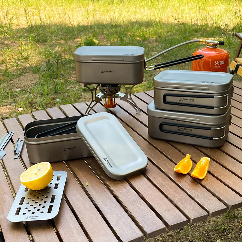 

Titanium Mess Tin 800/1200ml Anti-scalding Handle Outdoor Lunch Box Metal Lunch Containers for Kids Adults Tableware Cookware