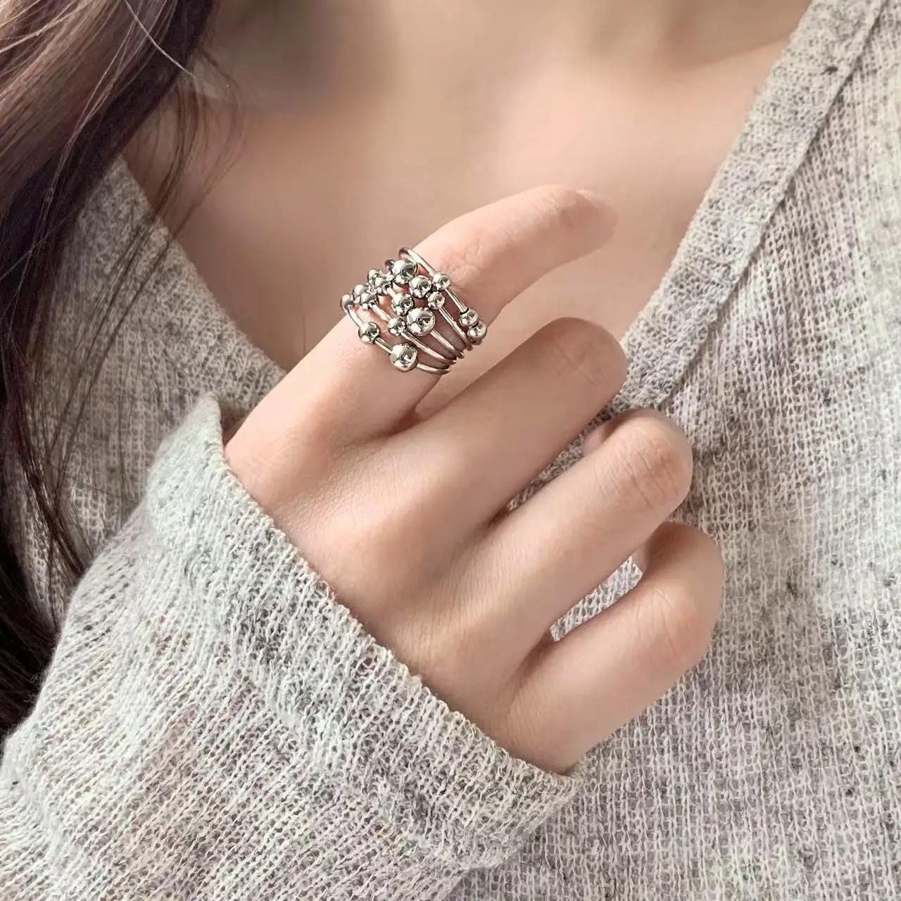 Sam Panda925 Sterling Silver Ring For Women Geometric Fine Jewelry Finger Adjustable Geometric Ball Ring For Party Birthday Gift