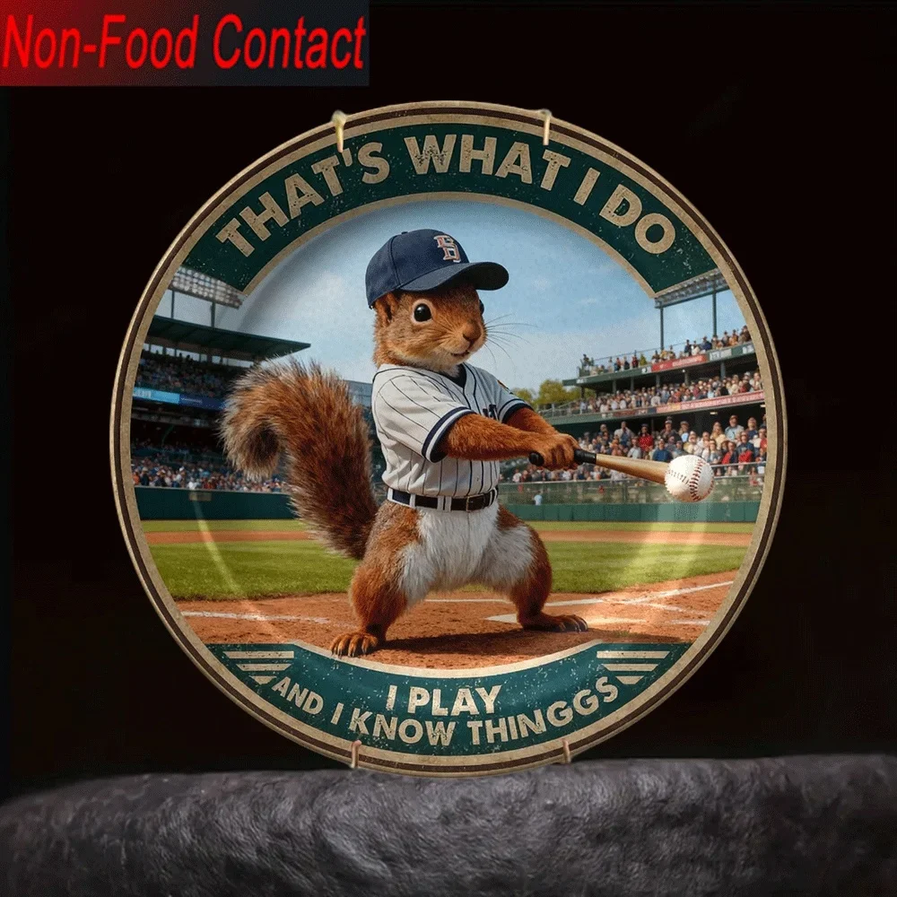 2D Flat, 1pc Ceramic Decorative Plate - Non-Food Contact Safe, Squirrel Baseball Player Design, Classic Style Round Tabletop