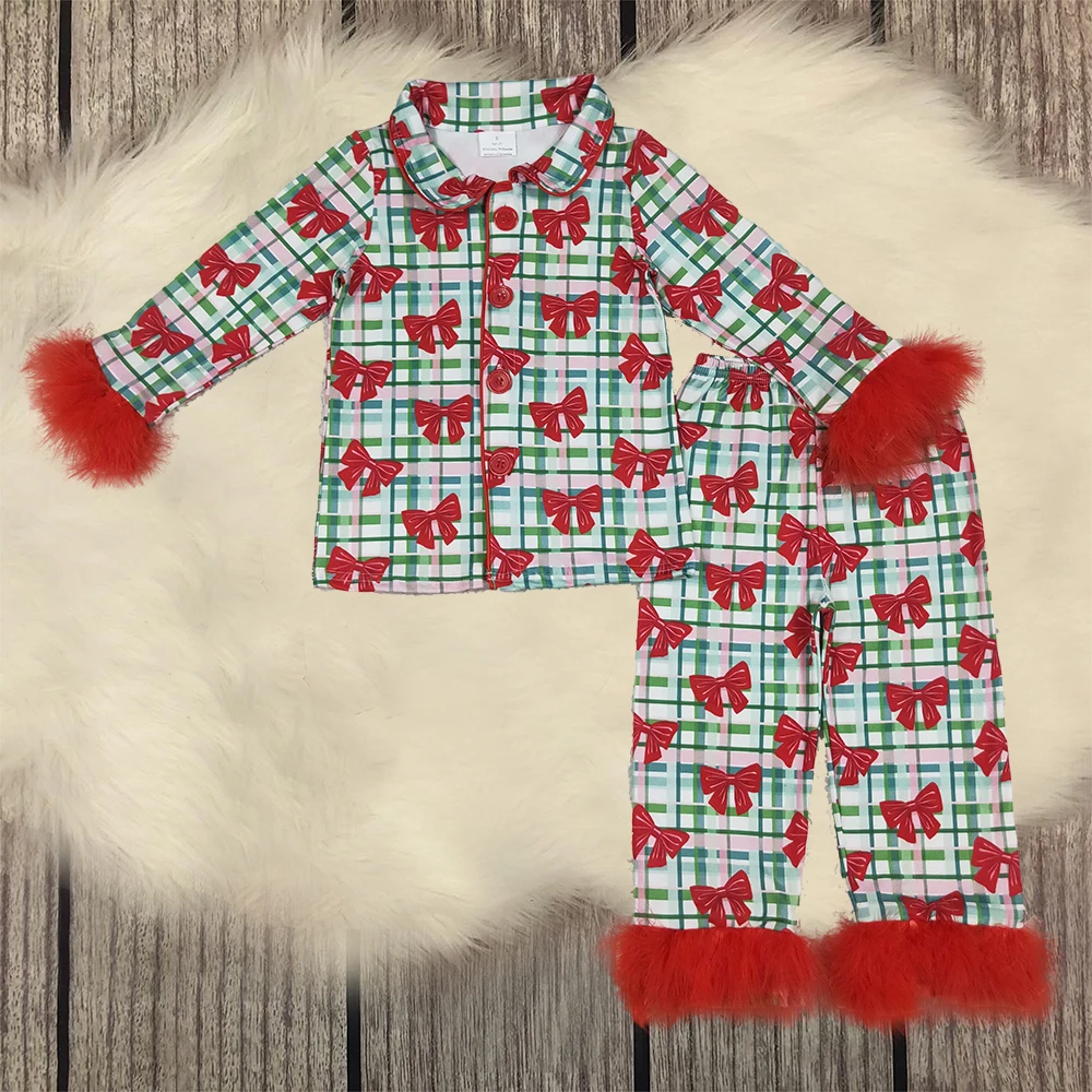 

Baby Girl Pajamas Set Sleepwear Fur Long Sleeves Buttons Christmas Shirt Pants Children Kids Toddler Bows Plaid Outfit Wholesale