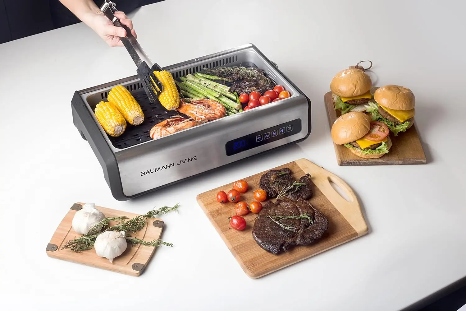 Indoor Smokeless Grill 1500W with Smart LED Touch Screen, Tempered Glass Lid, 2 Removable Ceramic Nonstick Grill & Griddle