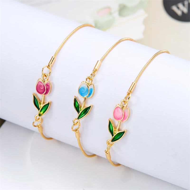 Korean Tulip Flower Bracelet For Women Light Luxury Enamel Copper Lobster Clasp Chain Adjustable Charm Bracelet Trendy Jewelry