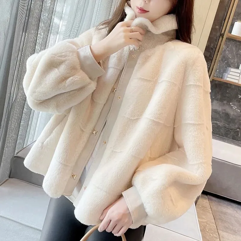 2023 Autumn Winter New Warm Mink Jacket Loose Short-length POLO Collar Temperament Commuter Imitation Mink Grass Fur Coat Woman