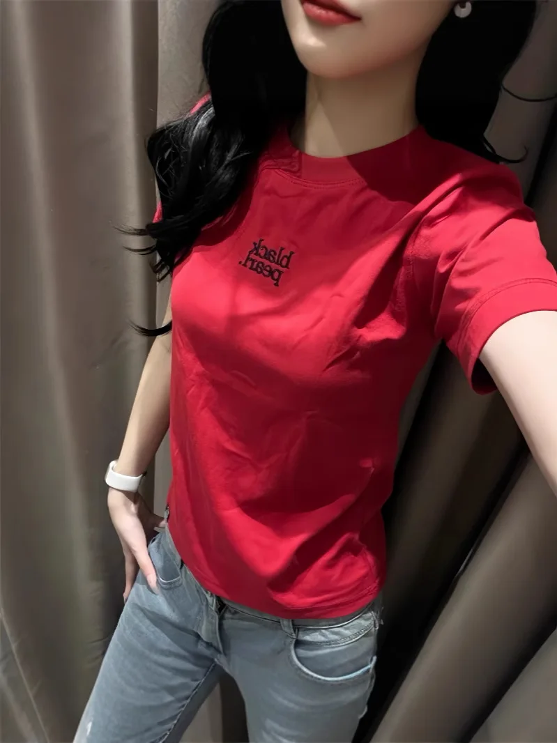 Summer Korean Fashion T Shirt Women O-neck Letter Embroidered Short-Sleeved T-Shirt Slim Woman O-Neck Student Crop Top Tees