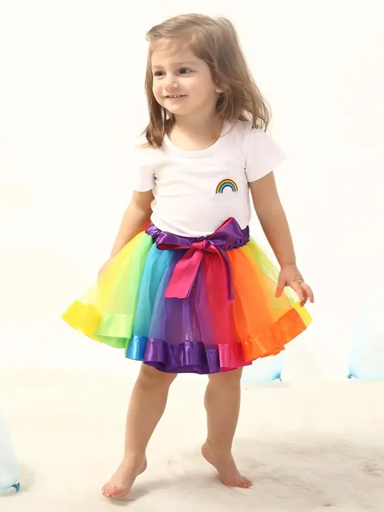 Hot Kids Lovely Handmade Colorful Tutu Skirt Girls Rainbow Tulle Tutu Pettiskirt Dance Bubble Skirt2-9T