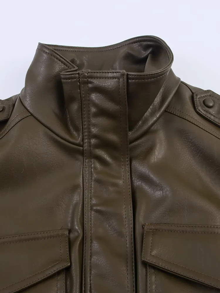 유럽과 미국 스타일의 가을 신상 여성 의류 다용도 인조 가죽 스탠드 칼라 긴팔 숏 재킷