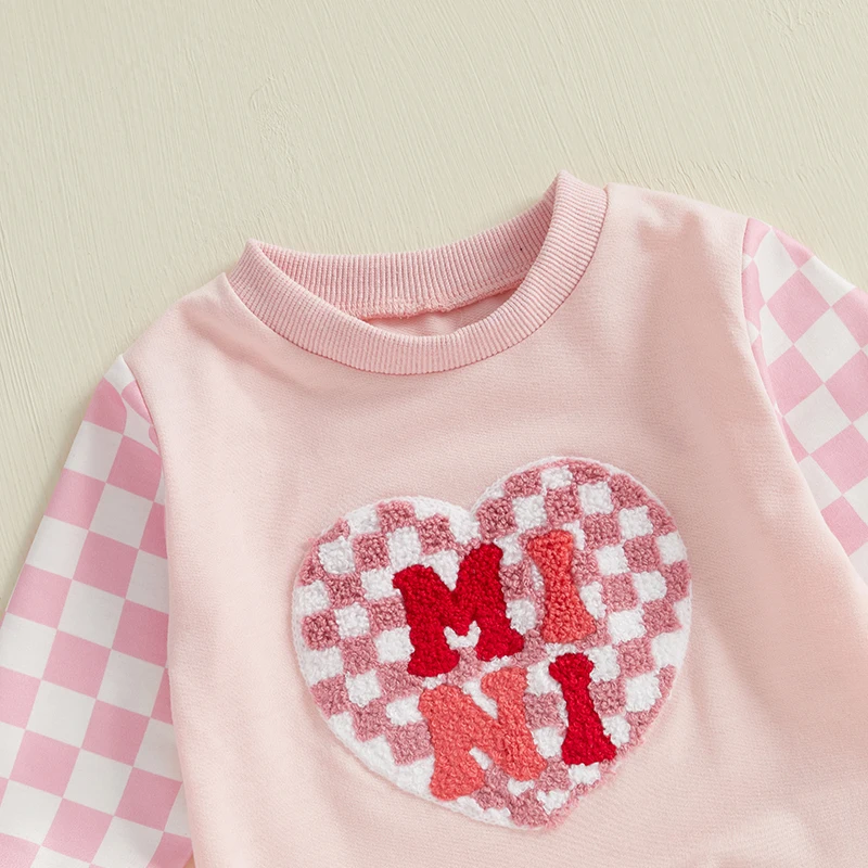 Girls 2-Piece Valentine s Day Outfit with Long Sleeve Heart Print Top and Checkered Pants O Neck Design