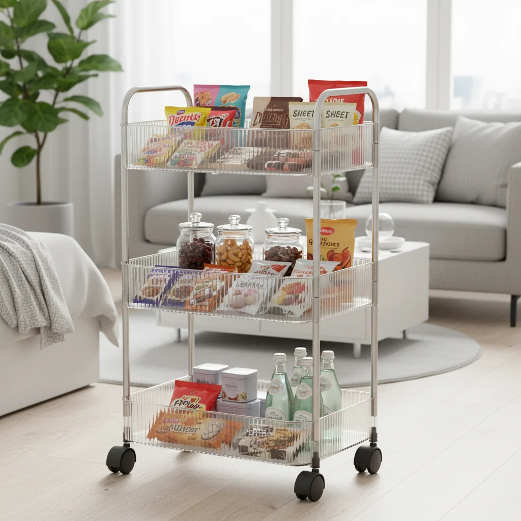 

3 Tier Clear Box Mobile Trolley Storage Cart Large Capacity Multifunctional Rolling Rack Home Bedroom Living Room Organizer