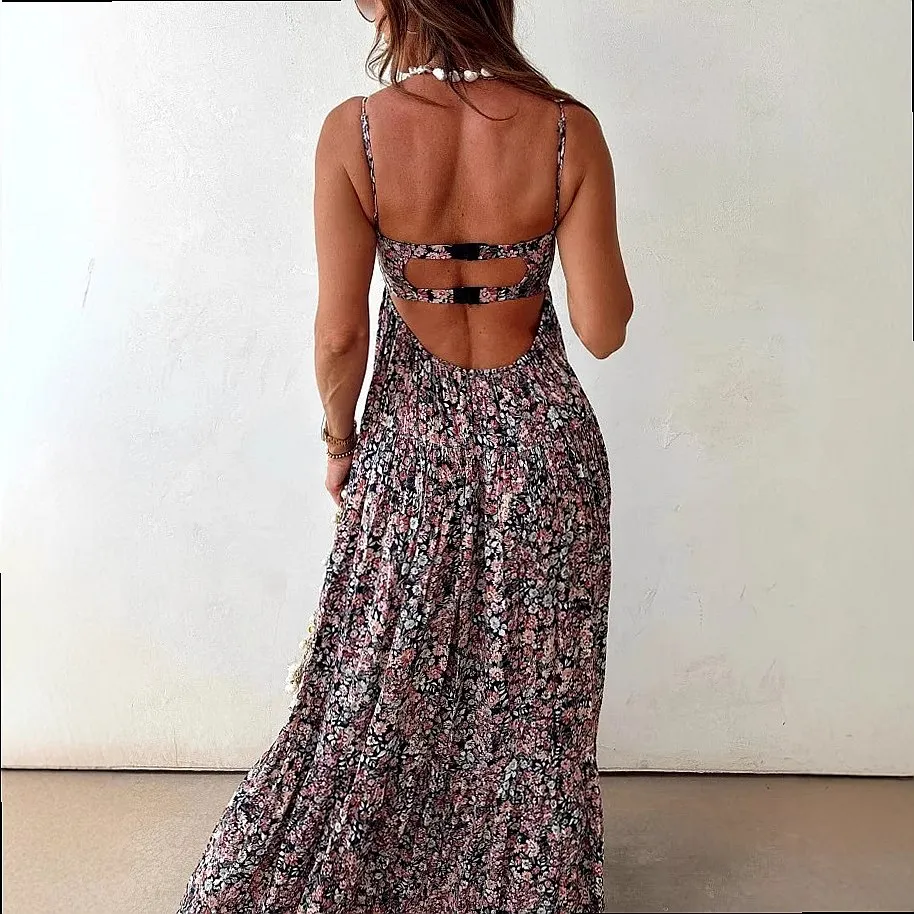 Printed Backless Floral Maxi Dress Summer Dresses for Women