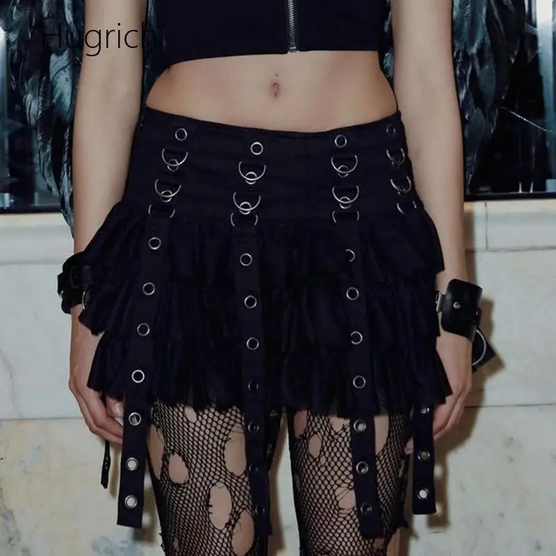 Women Gothic Punk Mini Skirt High Waist Layered Ruffle Metal D Ring Rivet Hanging Straps Short Skirt Halloween Cosplay Black