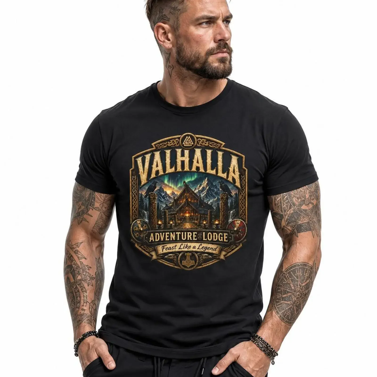 Valhalla Adventure Lodge T Shirt Viking Mountain Cabin Tourist  vintage Washed homme fashion Unisex Stylish designer clothes