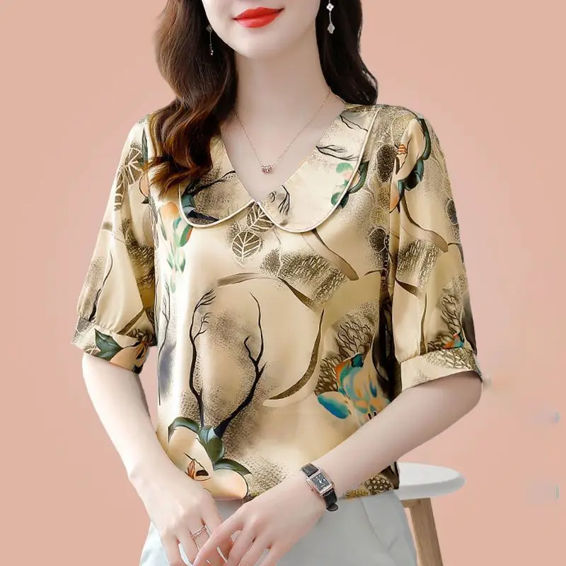 Summer Loose Fitting Slimming Mid Sleeve Women\'s New Style Temperament Printed Breathable Cool V-neck Upper Grade Fashion Tops