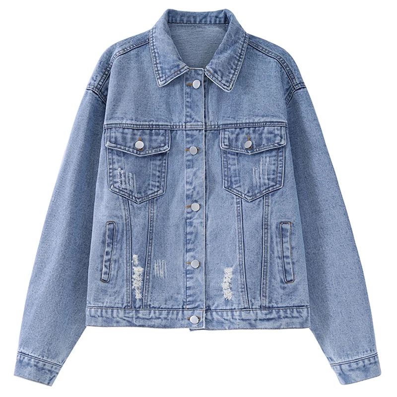Trendy Letter Embroidery Hole Design Loose Women's Denim Jacket Spring 2024 Versatile Korean Style  Collar Button up Jacket