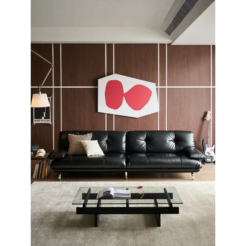 Soft fluffy retro sofa full leather living room antique straight row small apartment three-person down