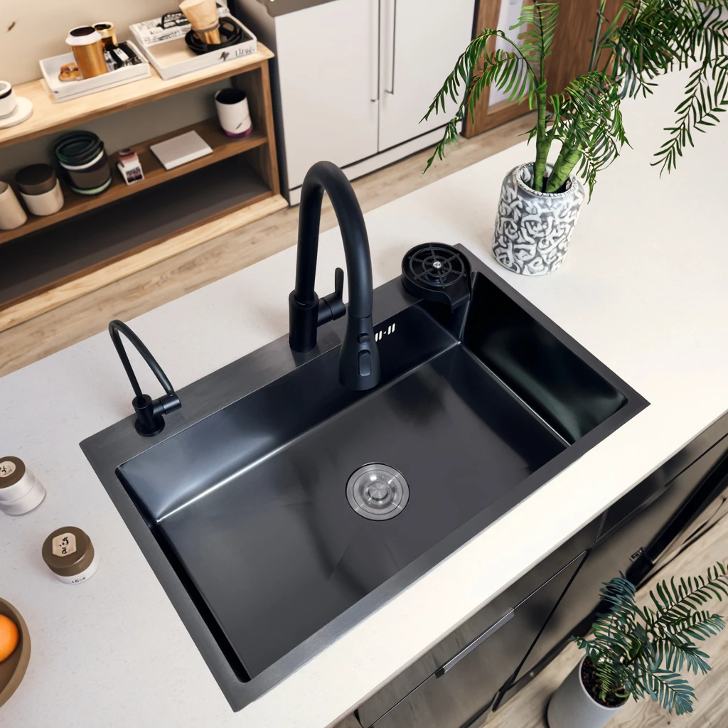 Stainless Steel Kitchen Sink with Modern Three-Hole Design and Central Drain
