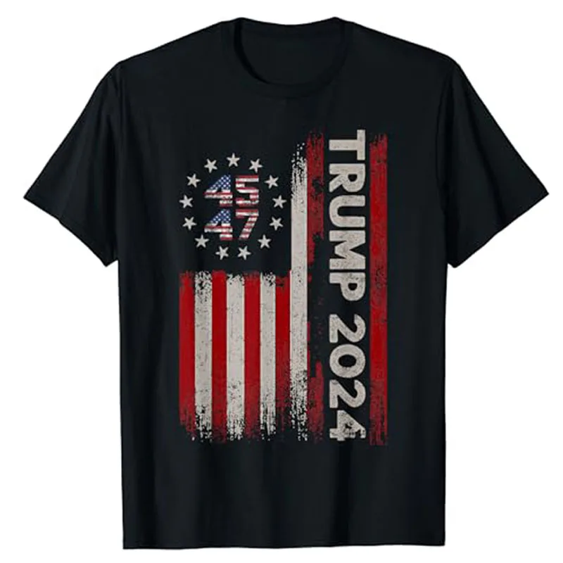 

45 47 Trump 2024 American Flag T-Shirt Pro Trump Support Fans Clothes 2024 Election Campaign 4th of July Political Patriotic Tee