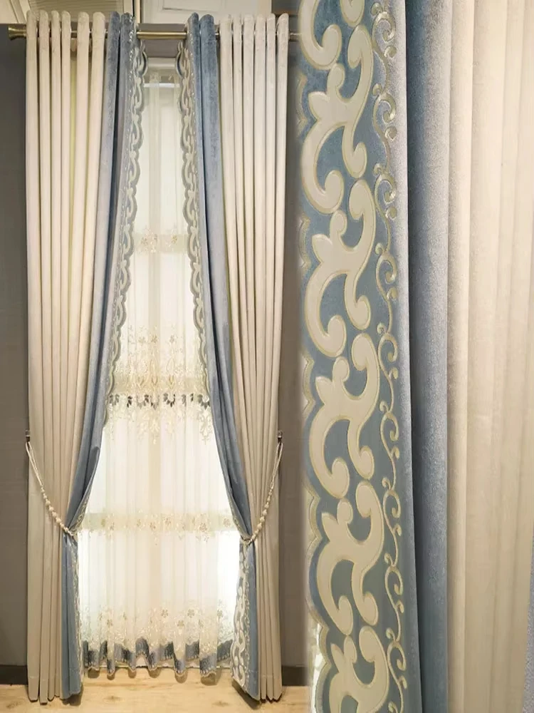 European Style Luxury Curtains for Living Dining Room Bedroomsimple Blue Italian  Solid Color Embroidery Elegant French Light