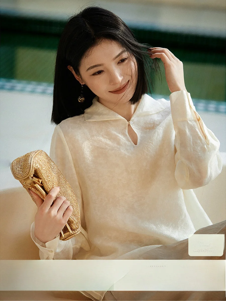 

Elegant White Porcelain Texture Silk Shirt Women's Collared Long Sleeve Breathable Comfortable Spring New Arrival Xhange