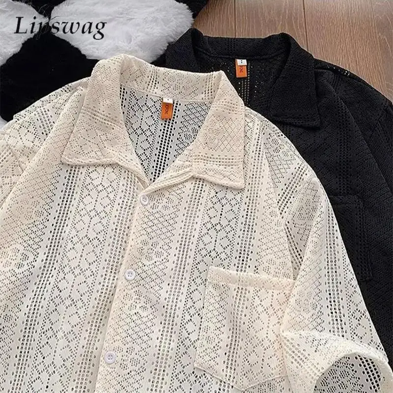 2024 Summer Casual Shirts Mens Fashion Loose Mesh Breathable Shirt For Men Streetwear Stylish Florals Hollow Out Shirt Cardigans