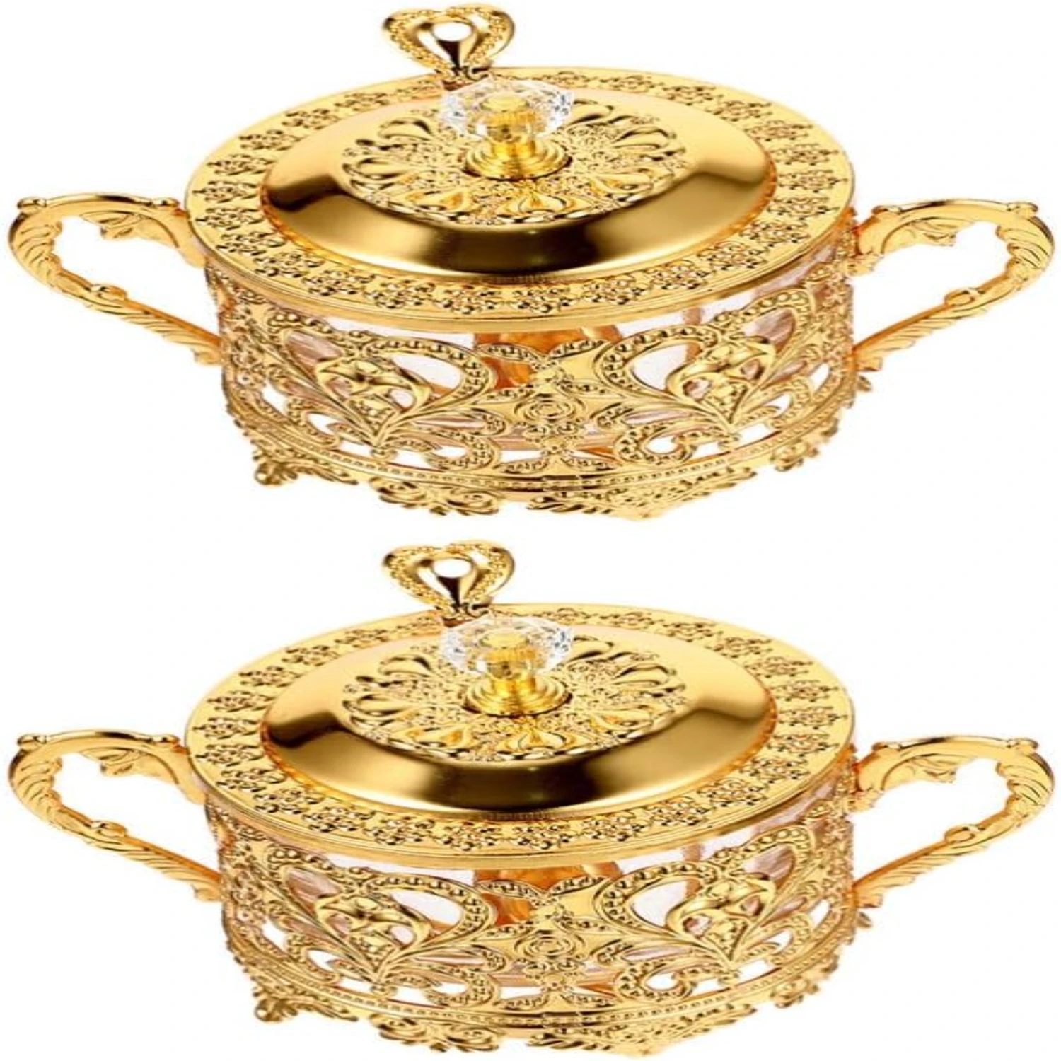 

Elegant and stylish set of 2 Turkish golden glass sugar bowls with matching spoons and lids, perfect for adding a touch of sophi