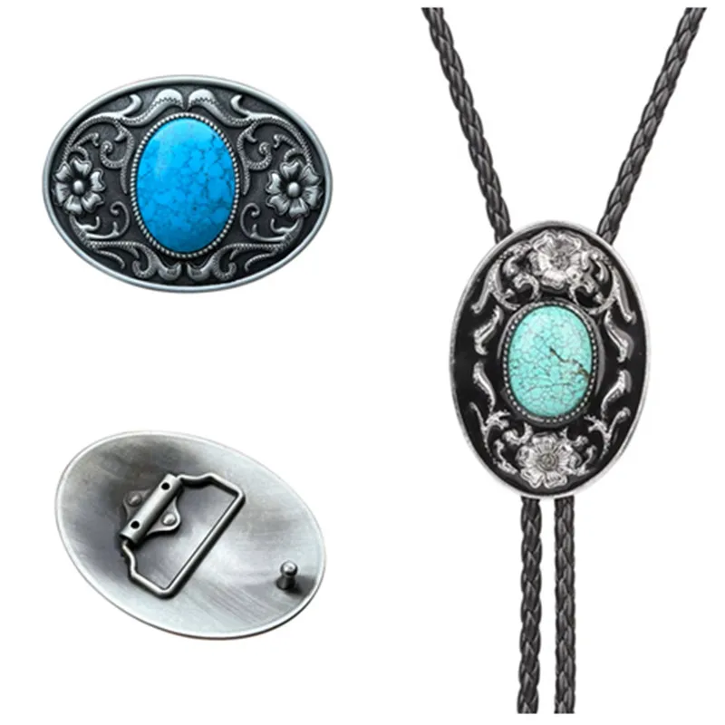 Two sets of Bolo ties with leather belt buckles, vintage Indian totem neckties, western cowboy neckties