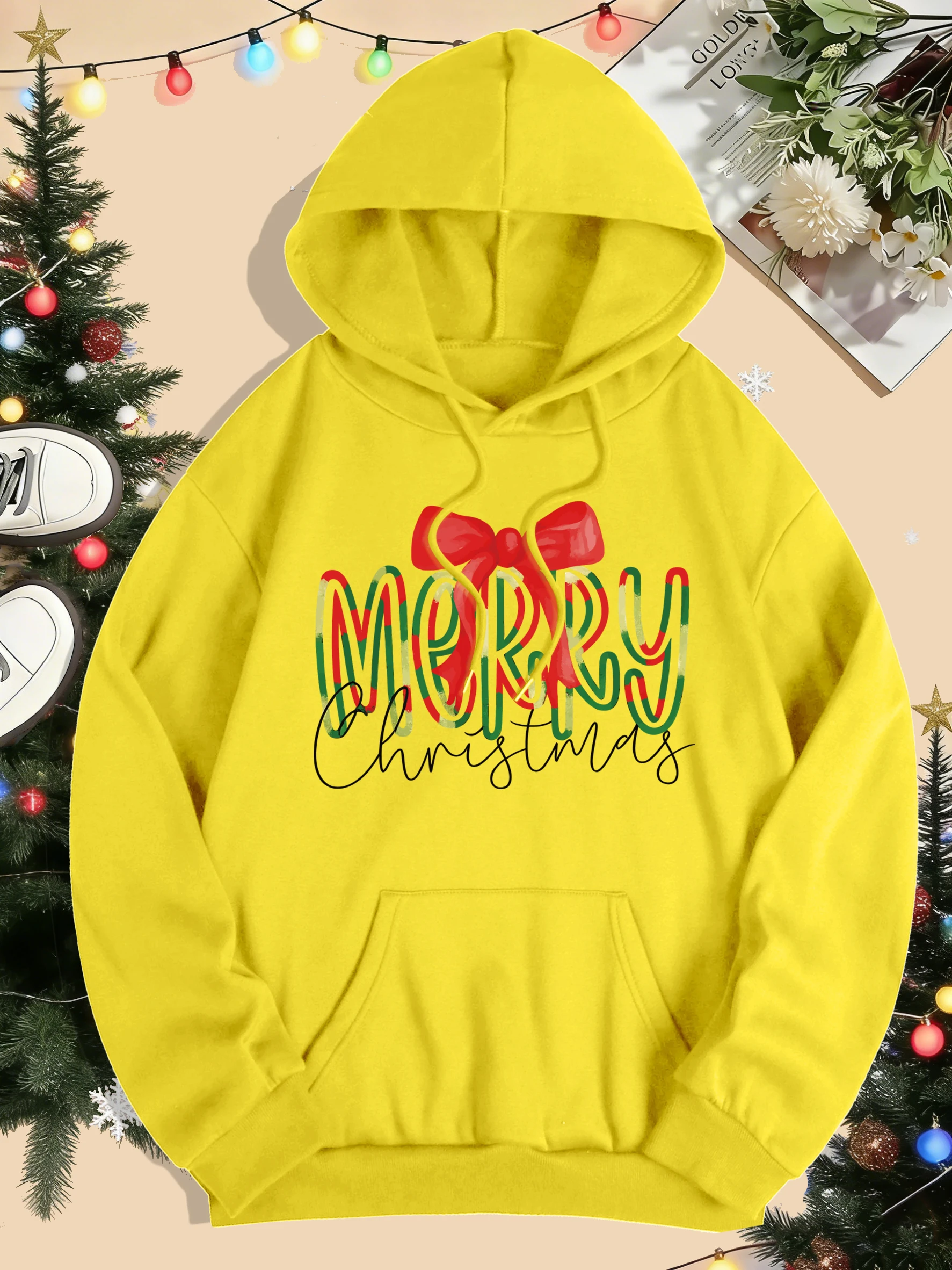Vrolijk Kerstfeest Strik Prints Vrouwen Hoodies Herfst Winter Pocket Streetwear Losse Casual Trui Comfortabele Fleece Vrouwelijke Hoody