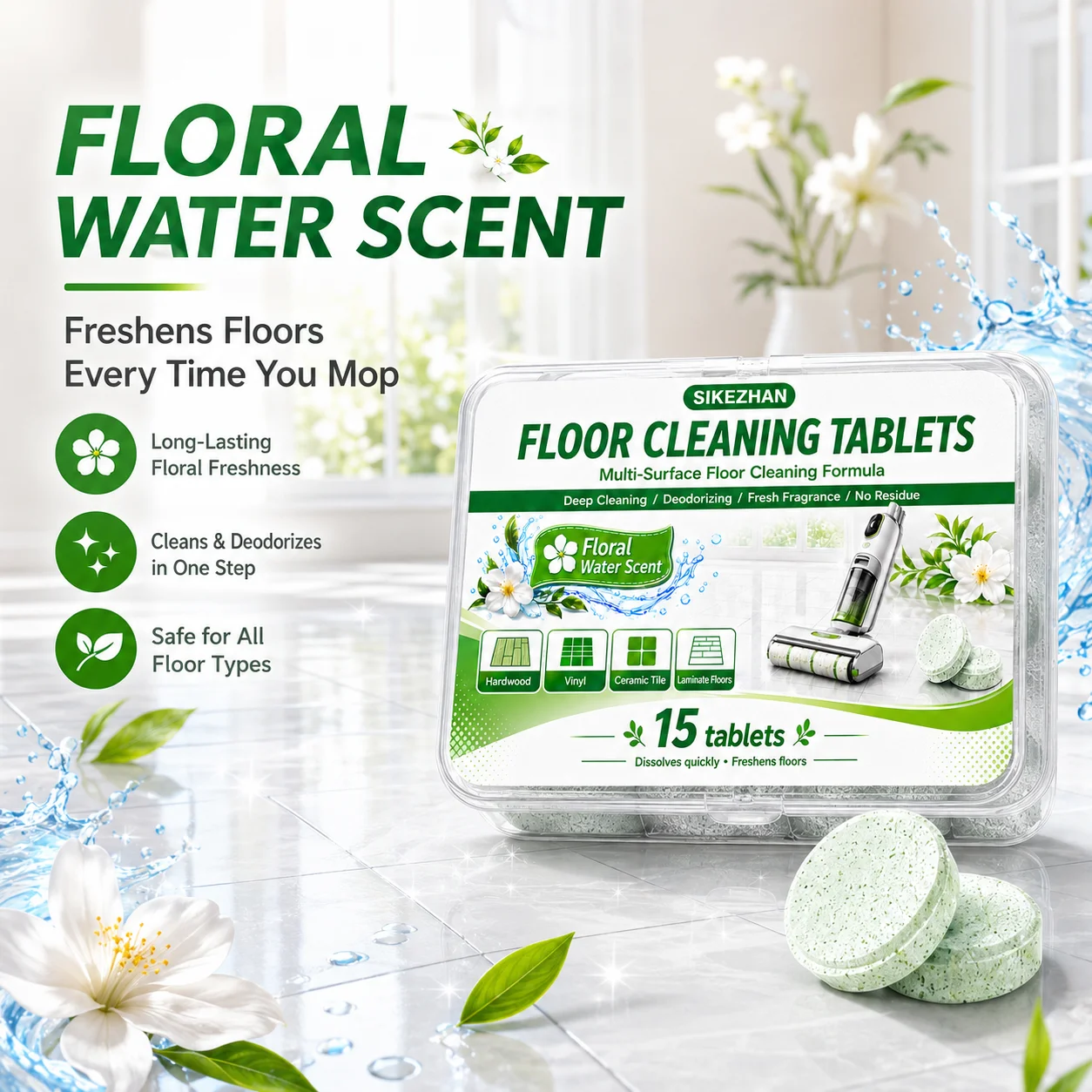 SIKEZHAN Floor Cleaning Tablets, Floral Water Scent Multi-Surface Deodorizing Wash Sheet Patches for Hardwood Tile Vinyl Kit