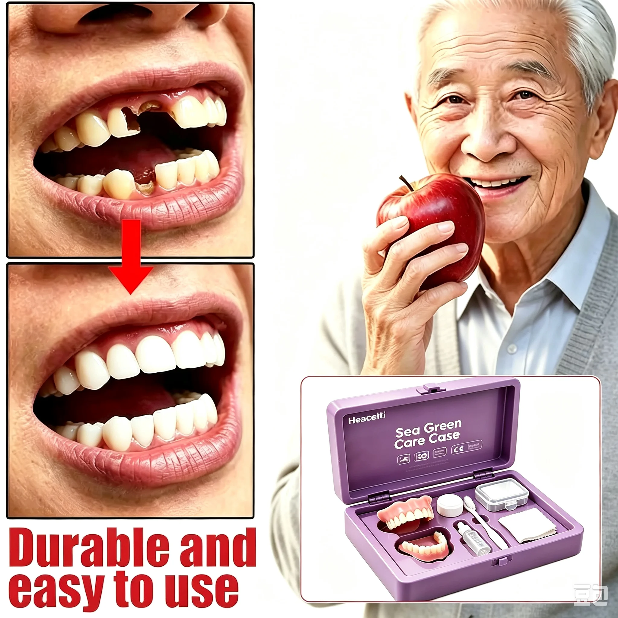 All-in-One Denture Care Kit Portable Case Brush Cleaning Liquid Deep Clean Protect Long-Term Use