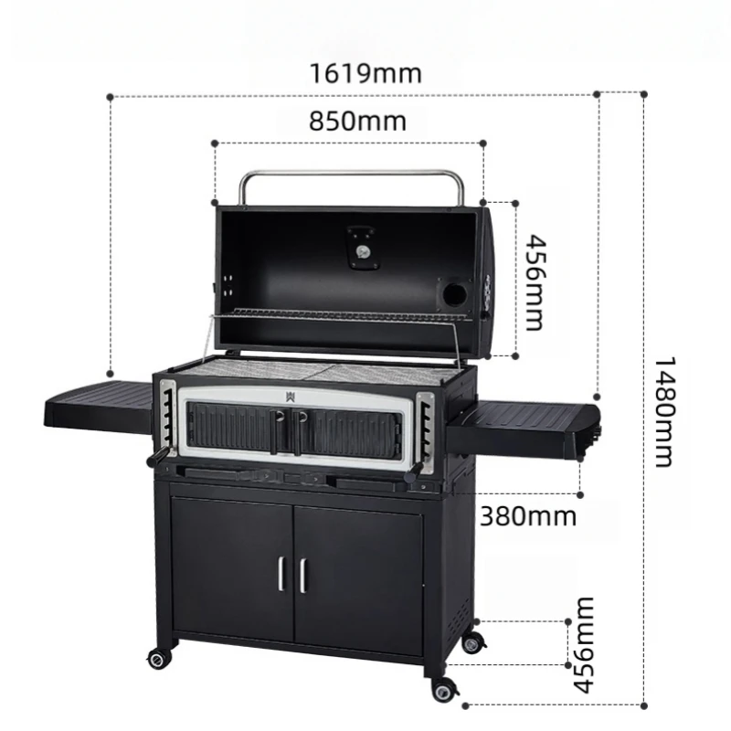 Outdoor Heavy Duty Charcoal BBQ Grills Trolley Portable Cast Iron Barbecue Grid Smoker BBQ Grill with Rotisserie and Cabinet