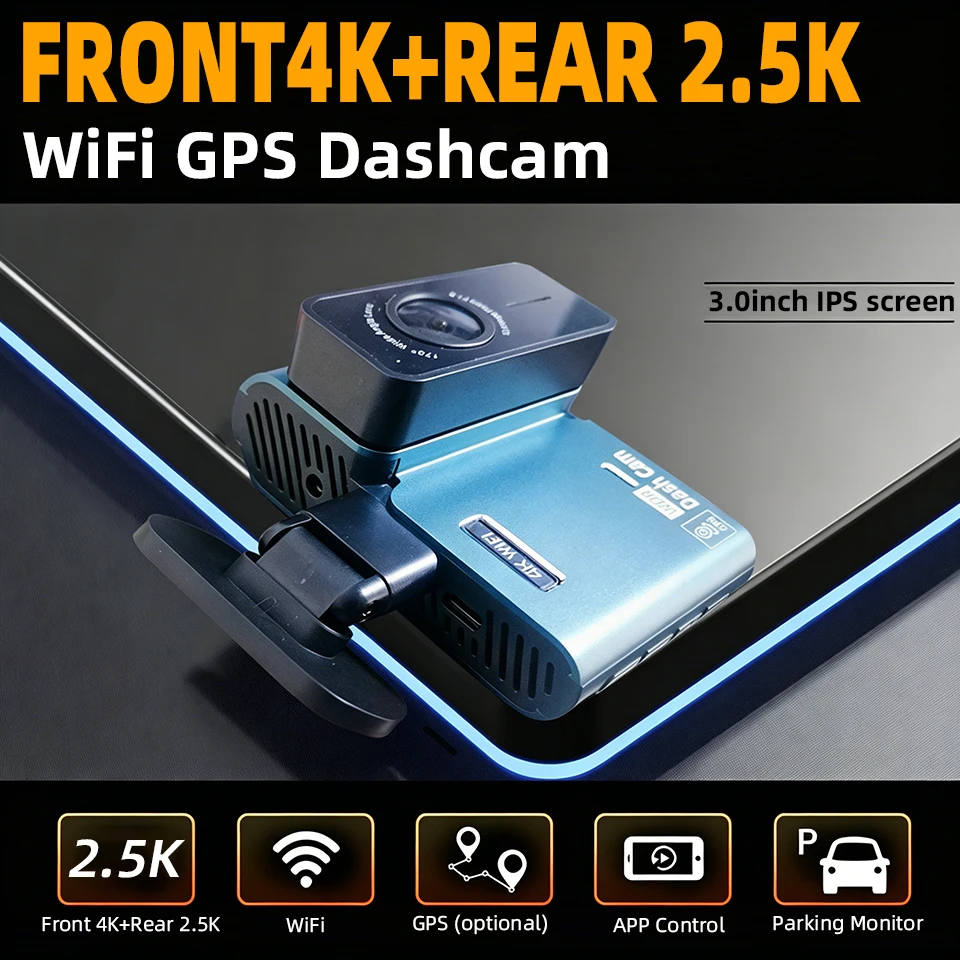 Dash Cam 4K Front Camera WiFi Driving Recorder Optional 2.5K Rear Camera GPS Supports 24H Parking Monitoring Car DVR