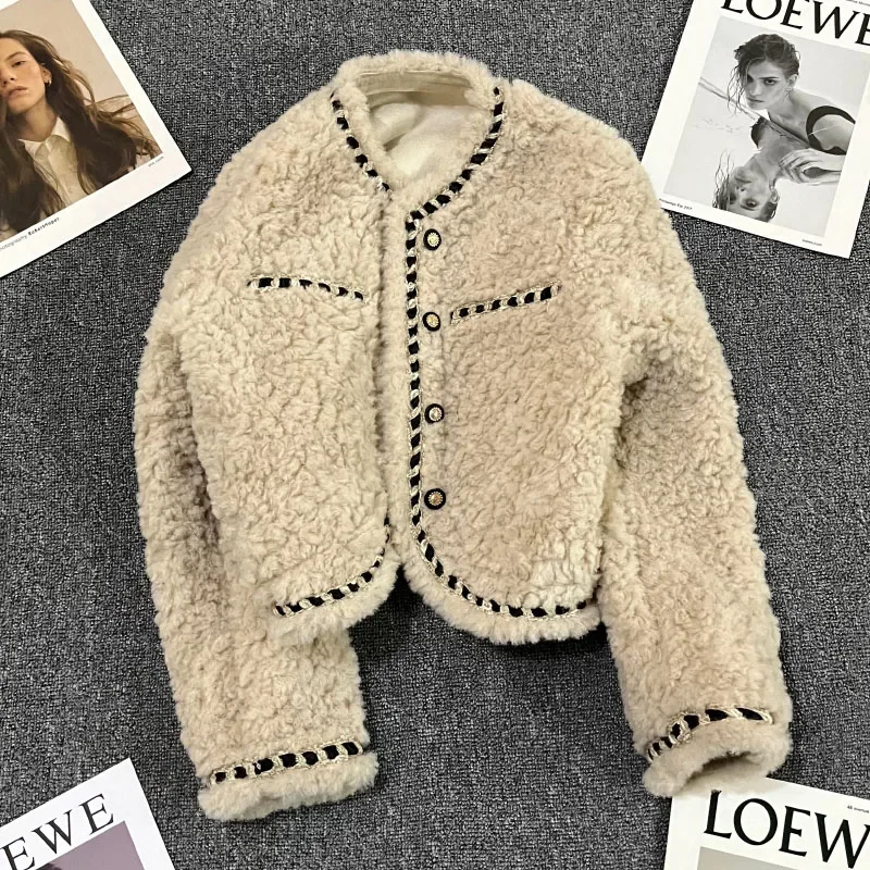 

Boreathiman Beige Lambswool Short Jacket For Women Winter Upscale Minor Classy Suit Single-breasted Cardigan Top