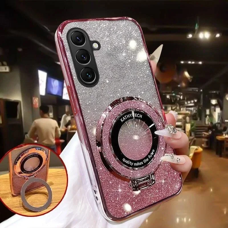 Glitter Water Ripple Hole Magsafe Case For Samsung Galaxy A17 Folding Holder Cover For Samsung Galaxy A07 Hard Shell