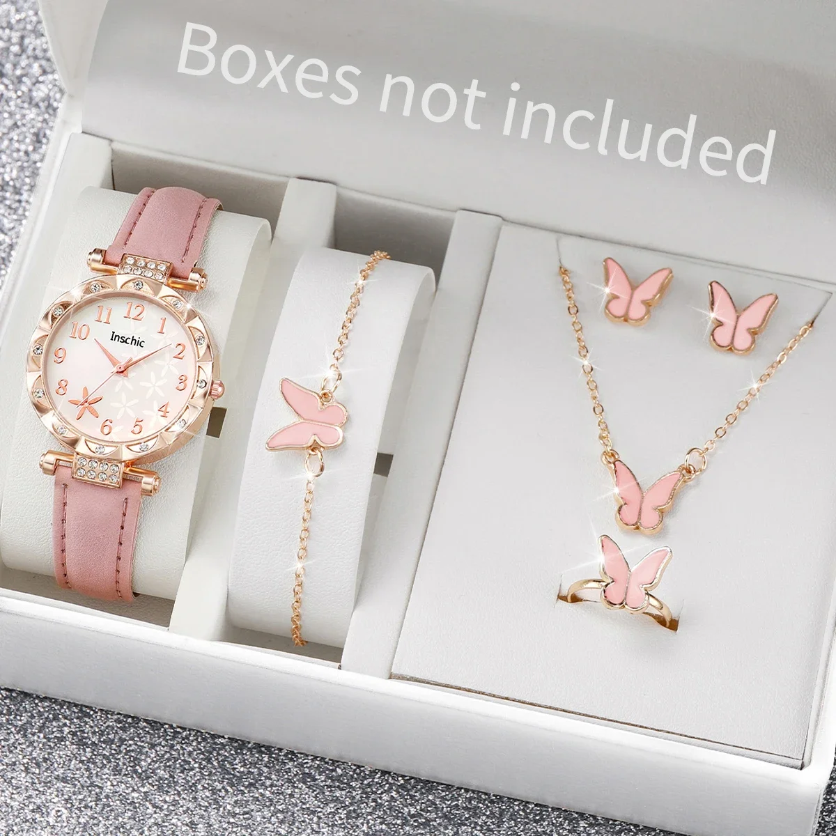 6pcs/Set Women's Watch Fashion Flower Leather Strap Quartz Watch Butterfly Jewelry Accessories Set (No Box)
