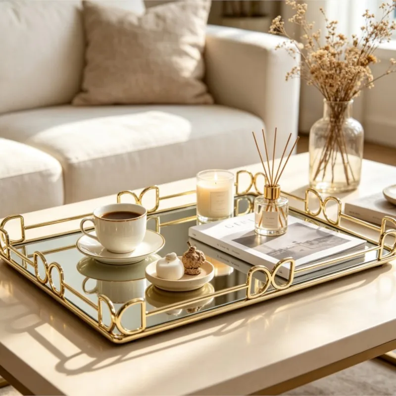 Metal Mirror Tray Rectangle Gold Finish Tea Perfume Cosmetics Vanity Table Desktop Organizer Home Decor Living Room Soft