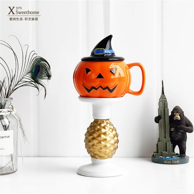 Taza de café con forma de calabaza Imp, Taza de cerámica, taza de desayuno de Halloween con tapa, taza de dibujos animados, decoración de