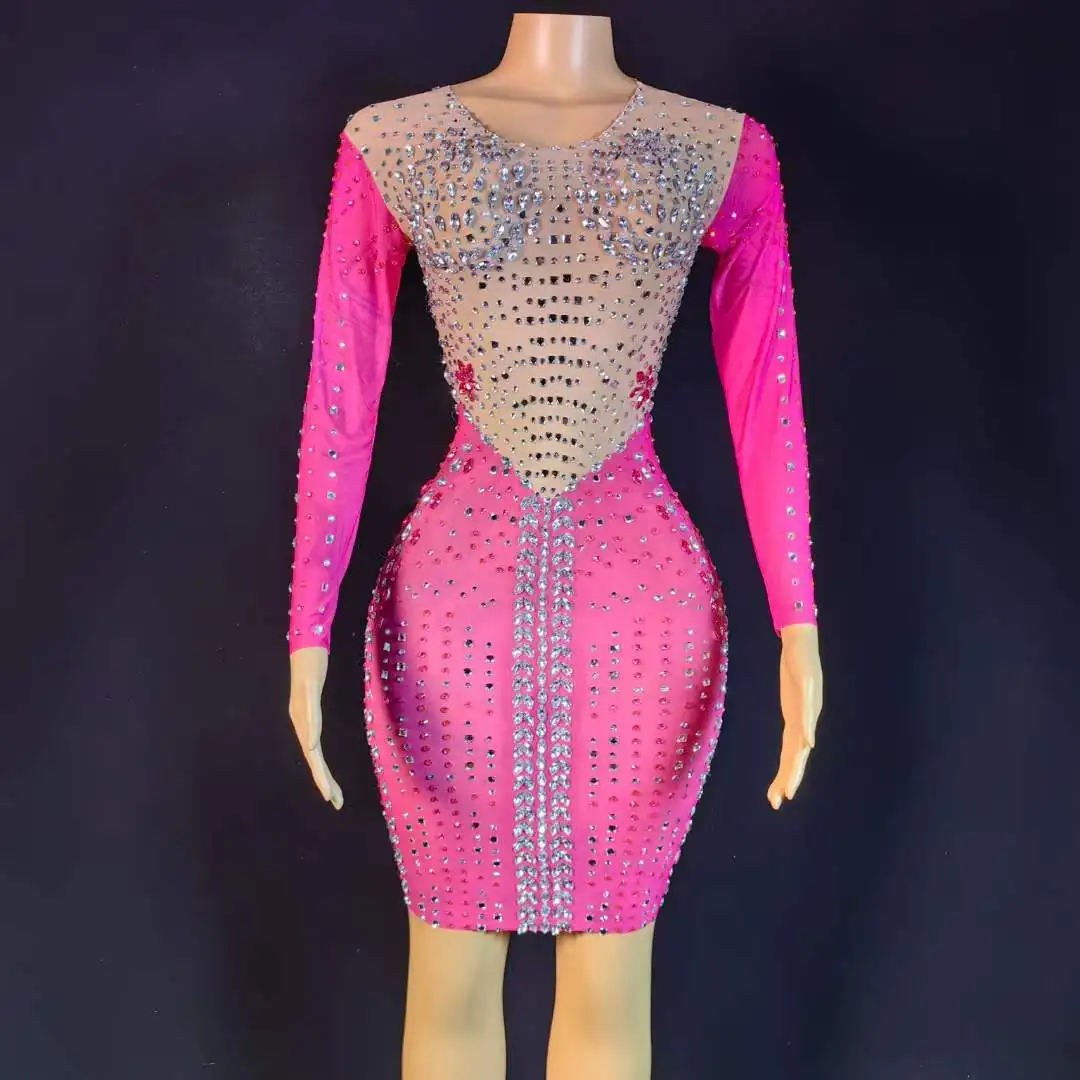 

Rose Red Birthday Women Stretch Sparkly Elegant Mini Dress Bling Style Singer Stage Wear 2025