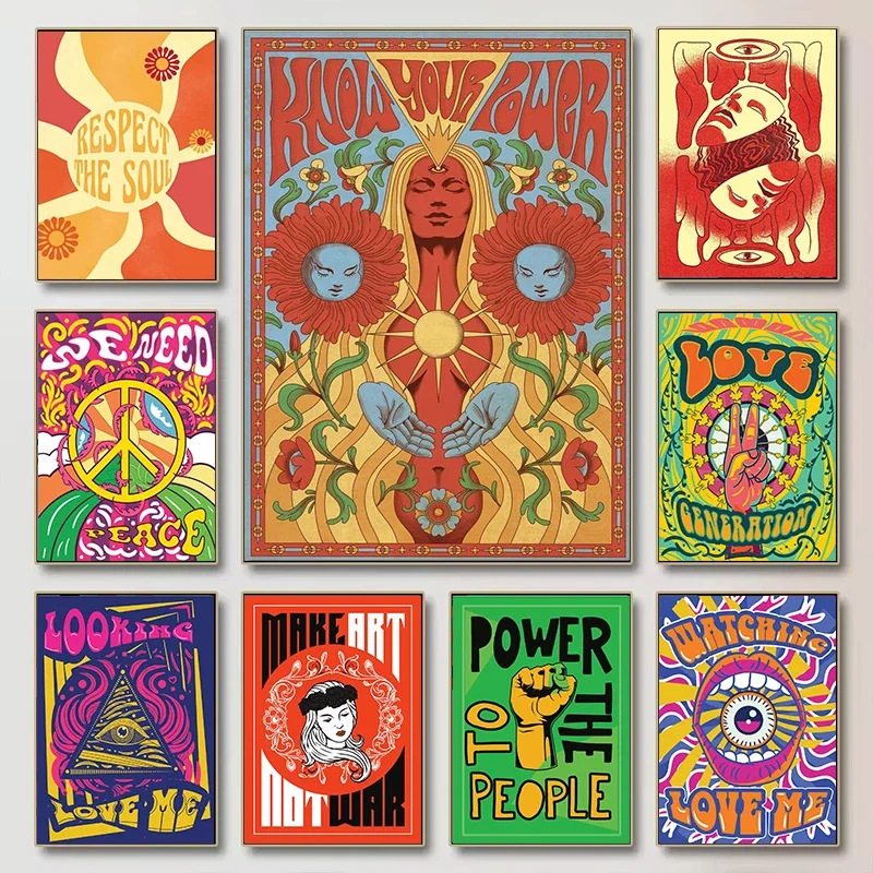 70s Vintage Love Flower Power Peace Hippie Wall Art Canvas Painting Nordic Boho Poster And Prints Wall Picture Living Room Decor