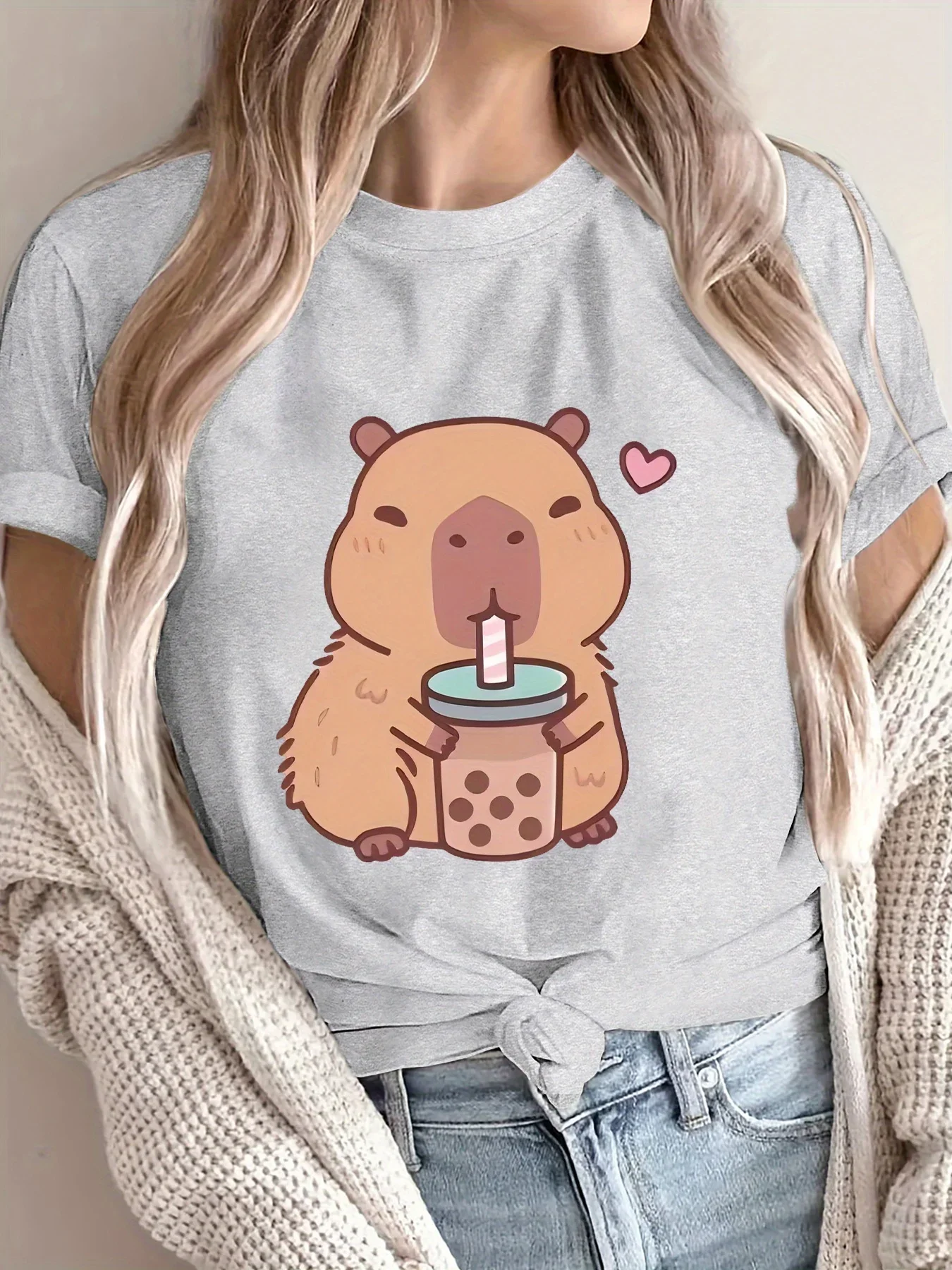 Summer Cute Cartoon Capybara Boba Print Women's Tees Shirt Tops Casual Fashion Short Sleeve Round Neck Cool Breathable Top
