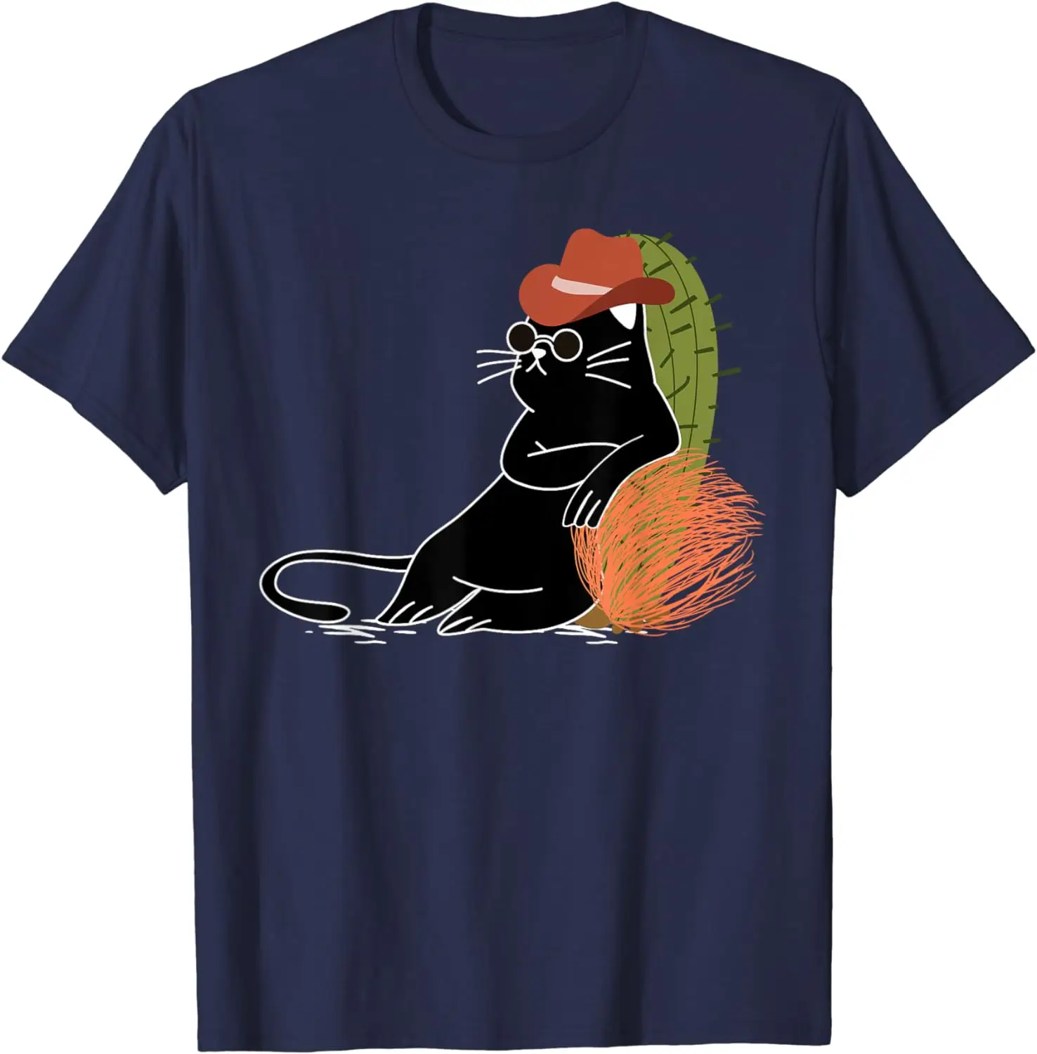 2024 New Denim Cat T-shirt Relaxing Among Cacti and Wild West Tumbleweeds