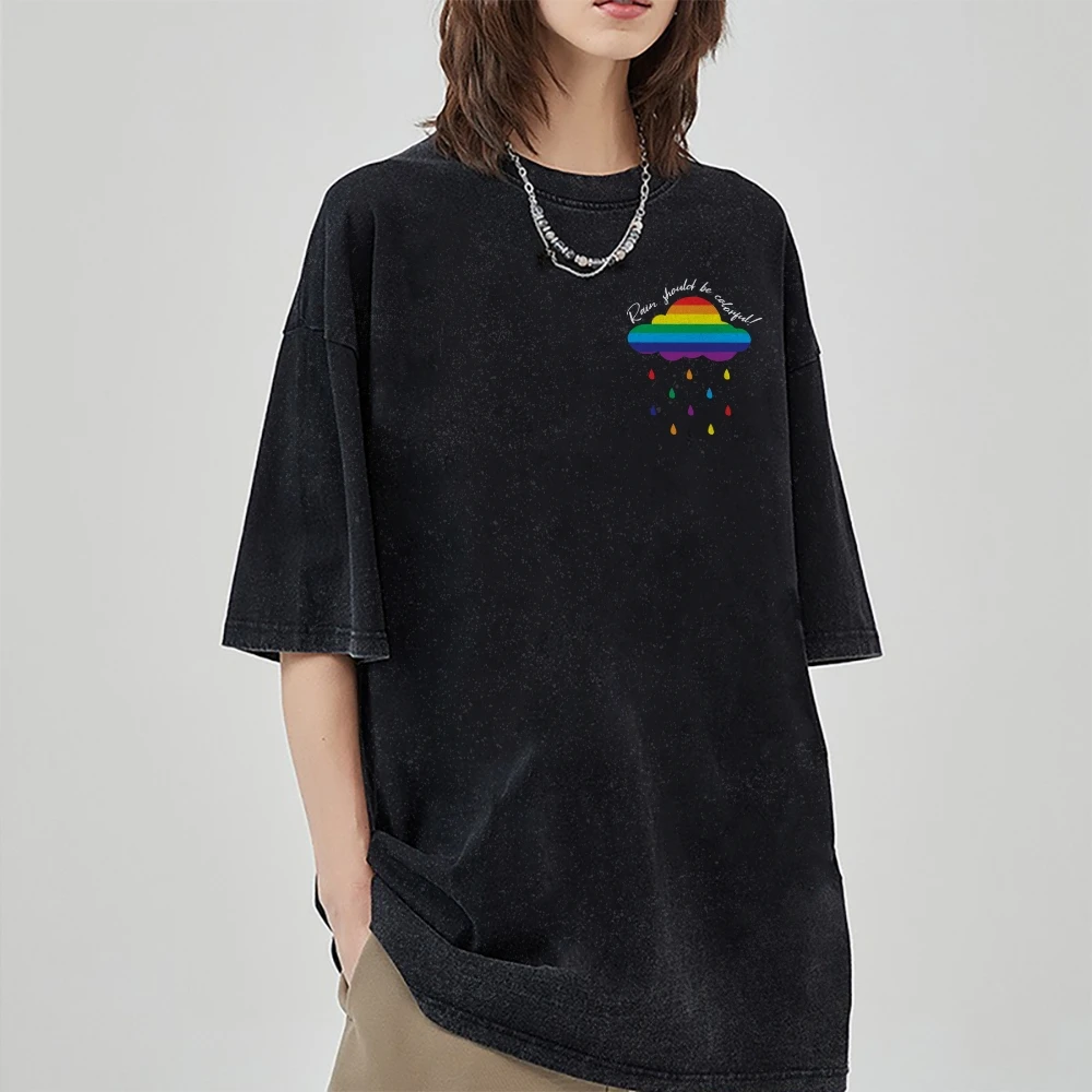 

Double Sided Graphic For Woman Trend T Shirt Rainbow Print High Street Streetwear Oversized Short Sleeves Tee Shirt Tops Clothes