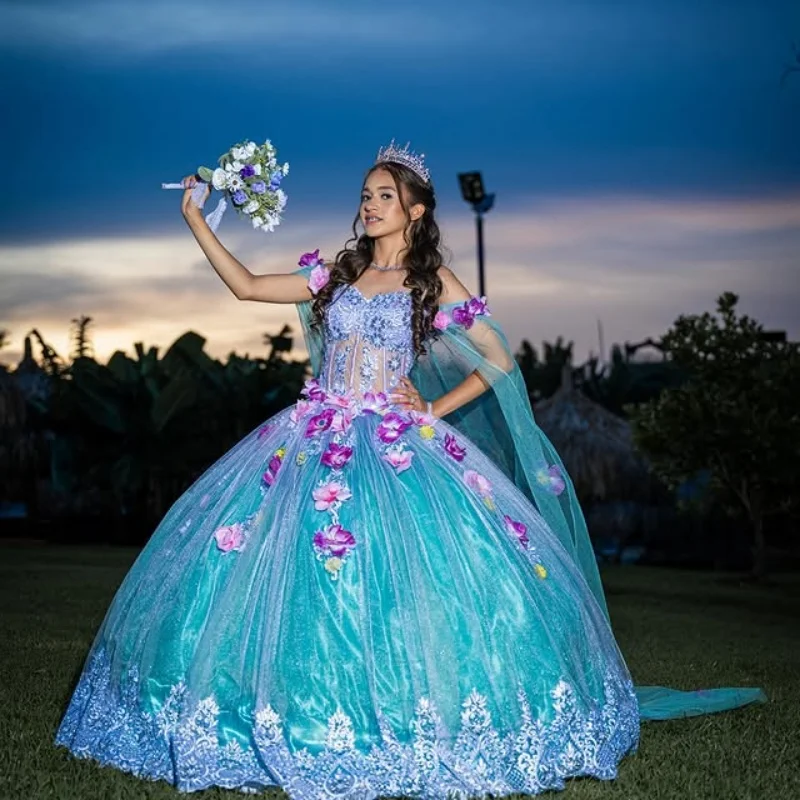 

Зеленые платья Quinceanera по индивидуальному заказу с открытыми плечами, тюлевая аппликация, 3D цветок, длинный хвост, Vestido De 15, Quinceanera