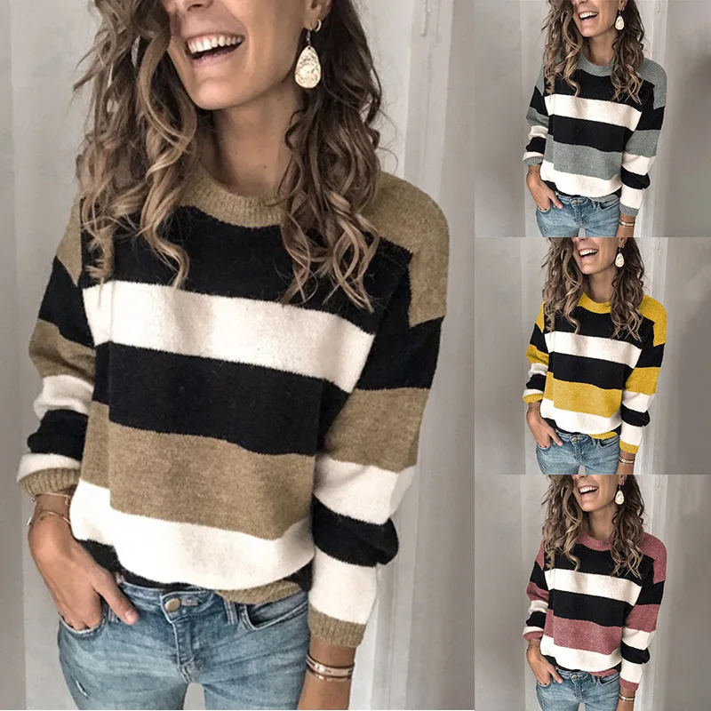 

Large Size Women's Striped Loose Knit Sweater Comfortable Breathable Regular Thin Spring Season A-Line Knitted Sweater
