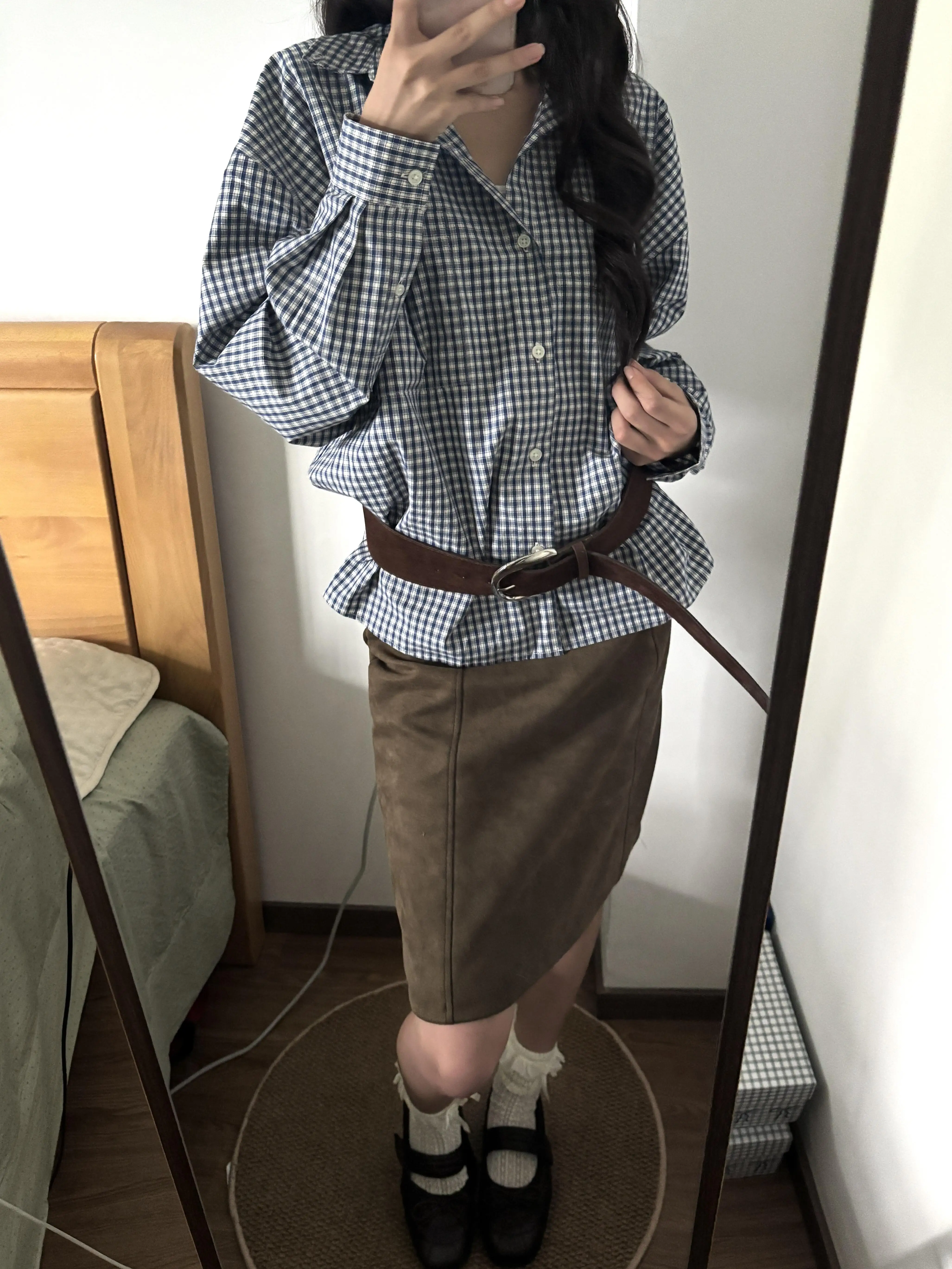 Retro Suede High Waist A-Line  Skirt Women's Spring Autumn New American Style Commute Deer Leather Straight Skirt