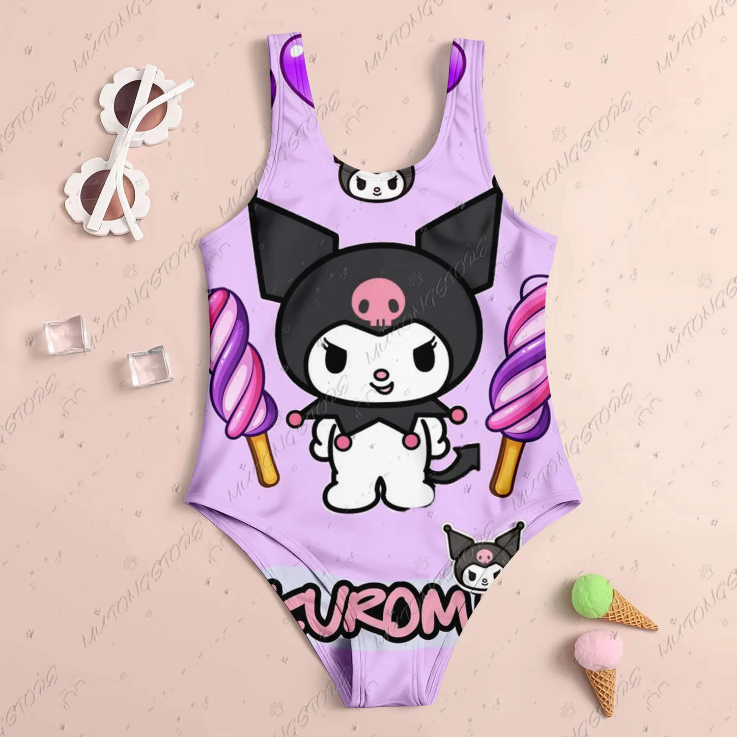 2025 New Cute Children One-Piece Swimsuit Sanrio Kuromi 3D Print Girl Women Swimsuit Soft Breathe Kids Summer Seaside Clothes