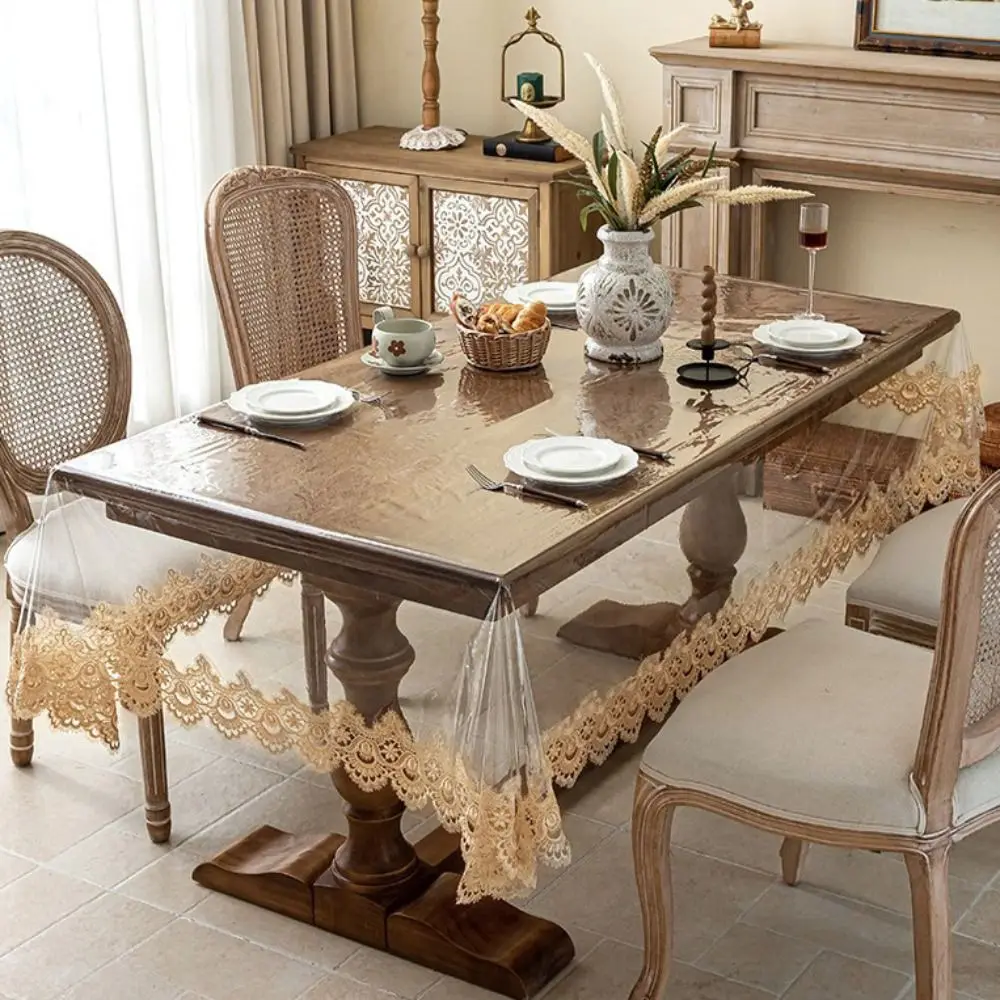 Practical Waterproof PVC Tablecloth Oil Proof European Style Dining Table Cover Transparent Lace Embroidered Table Runner Party