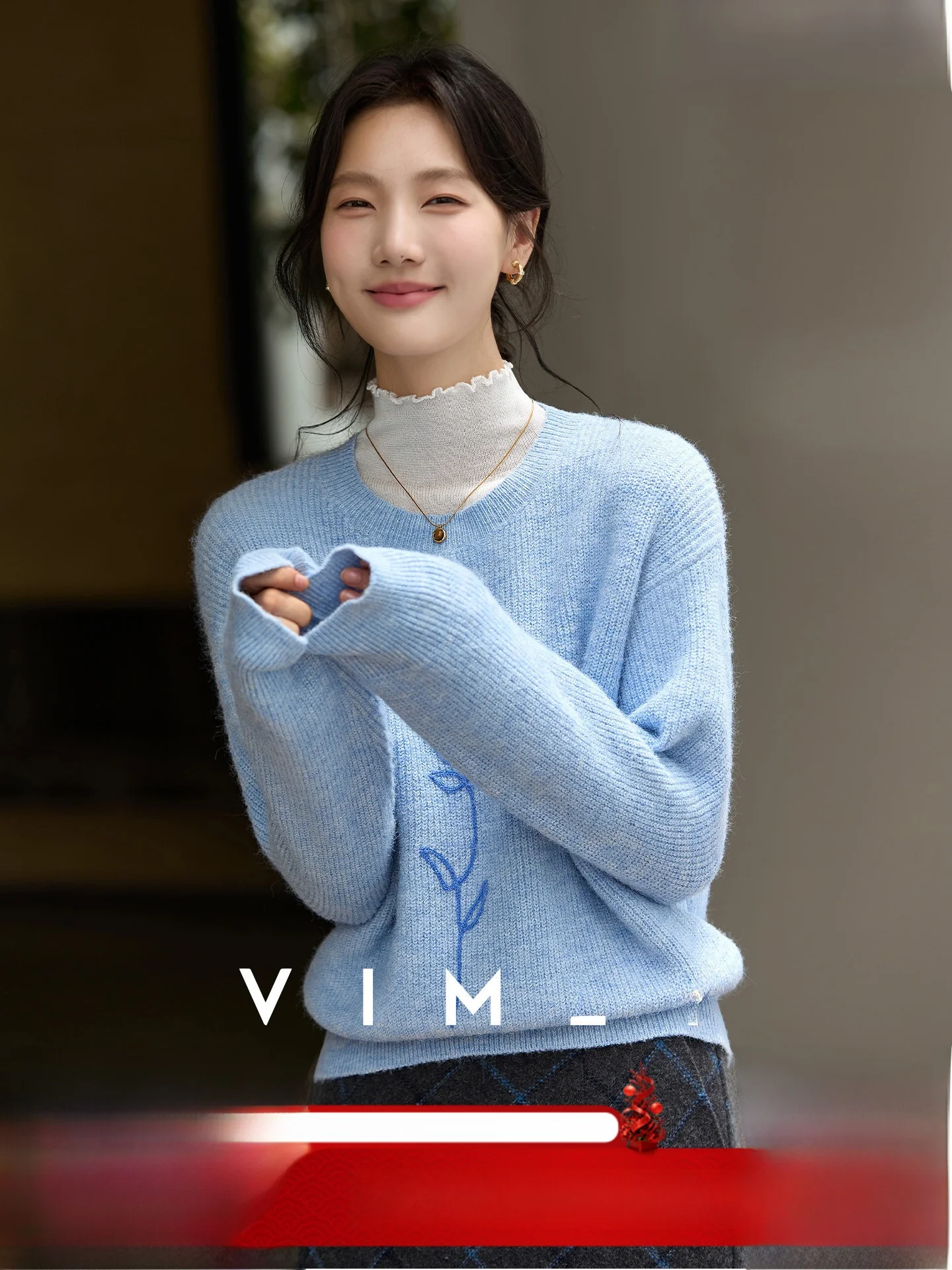 

Синий вязаный свитер с вышивкой, свободного кроя, повседневный, для женщин, осенне-зимний, модный топ для молодежи