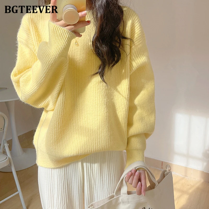 BGTEEVER Casual Loose O-neck Women Sweaters Jumpers Autumn Winter Long Sleeve Loose Candy Color Ladies Knitted Pullovers